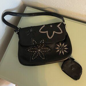 Brighton Black Leather Flower Shoulder Bag with Coin Purse